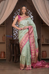 Kashi ~ Handloom Banarasi High Quality Pure Silk Saree in Sea Green with Pink (Silk Mark Certified) - verymuchindian.com