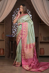 Kashi ~ Handloom Banarasi High Quality Pure Silk Saree in Sea Green with Pink (Silk Mark Certified) - verymuchindian.com