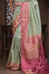 Kashi ~ Handloom Banarasi High Quality Pure Silk Saree in Sea Green with Pink (Silk Mark Certified) - verymuchindian.com