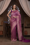 Kashi ~ Handloom Banarasi Khaddi Crepe Georgette Silk Saree in Gold Purple (Silk Mark Certified) - verymuchindian.com