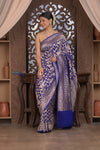 Kashi ~ Handloom Banarasi Khaddi Crepe Georgette Silk Saree in Marine Blue and Gold (Silk Mark Certified) - verymuchindian.com