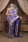 Kashi ~ Handloom Banarasi Khaddi Crepe Georgette Silk Saree in Marine Blue and Gold (Silk Mark Certified) - verymuchindian.com
