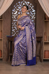 Kashi ~ Handloom Banarasi Khaddi Crepe Georgette Silk Saree in Marine Blue and Gold (Silk Mark Certified) - verymuchindian.com