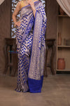 Kashi ~ Handloom Banarasi Khaddi Crepe Georgette Silk Saree in Marine Blue and Gold (Silk Mark Certified) - verymuchindian.com