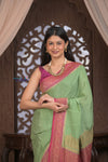 Kashi ~ Handloom Banarasi Khaddi Crepe Georgette Silk Saree in Pista Green and Pink (Silk Mark Certified) - verymuchindian.com