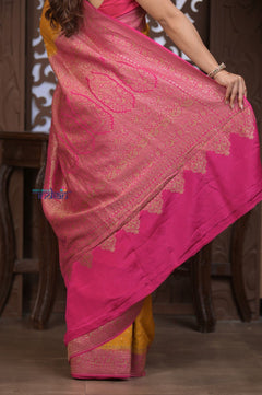 Kashi ~ Handloom Banarasi Khaddi Crepe Georgette Silk Saree in Yellow and Pink (Silk Mark Certified) - verymuchindian.com