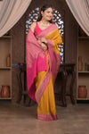 Kashi ~ Handloom Banarasi Khaddi Crepe Georgette Silk Saree in Yellow and Pink (Silk Mark Certified) - verymuchindian.com