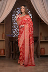 Kashi ~ Handloom Banarasi Khaddi Georgette Silk Jaal Saree in Red (Silk Mark Certified) - verymuchindian.com