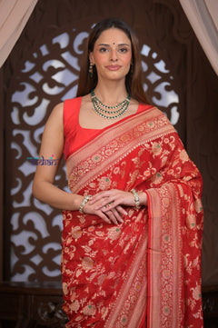 Kashi ~ Handloom Banarasi Khaddi Georgette Silk Jaal Saree in Red (Silk Mark Certified) - verymuchindian.com