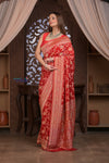 Kashi ~ Handloom Banarasi Khaddi Georgette Silk Jaal Saree in Red (Silk Mark Certified) - verymuchindian.com
