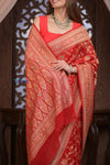 Kashi ~ Handloom Banarasi Khaddi Georgette Silk Jaal Saree in Red (Silk Mark Certified) - verymuchindian.com