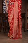 Kashi ~ Handloom Banarasi Khaddi Georgette Silk Jaal Saree in Red (Silk Mark Certified) - verymuchindian.com