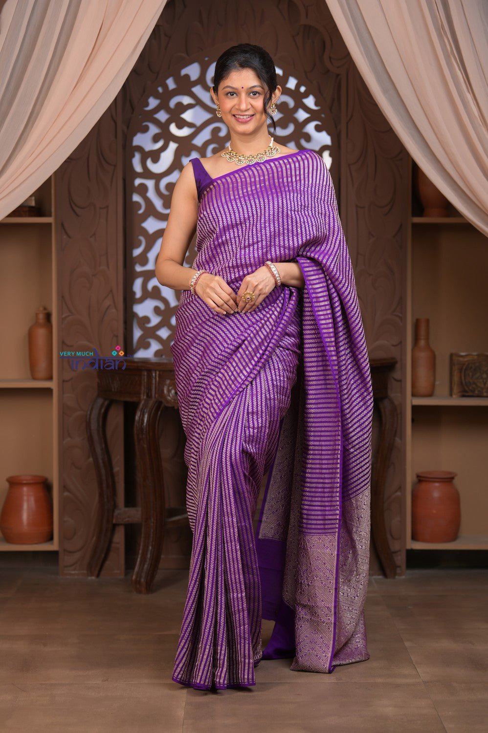 Kashi ~ Handloom Banarasi Khaddi Georgette Silk Saree in Purple (Silk Mark Certified) - verymuchindian.com