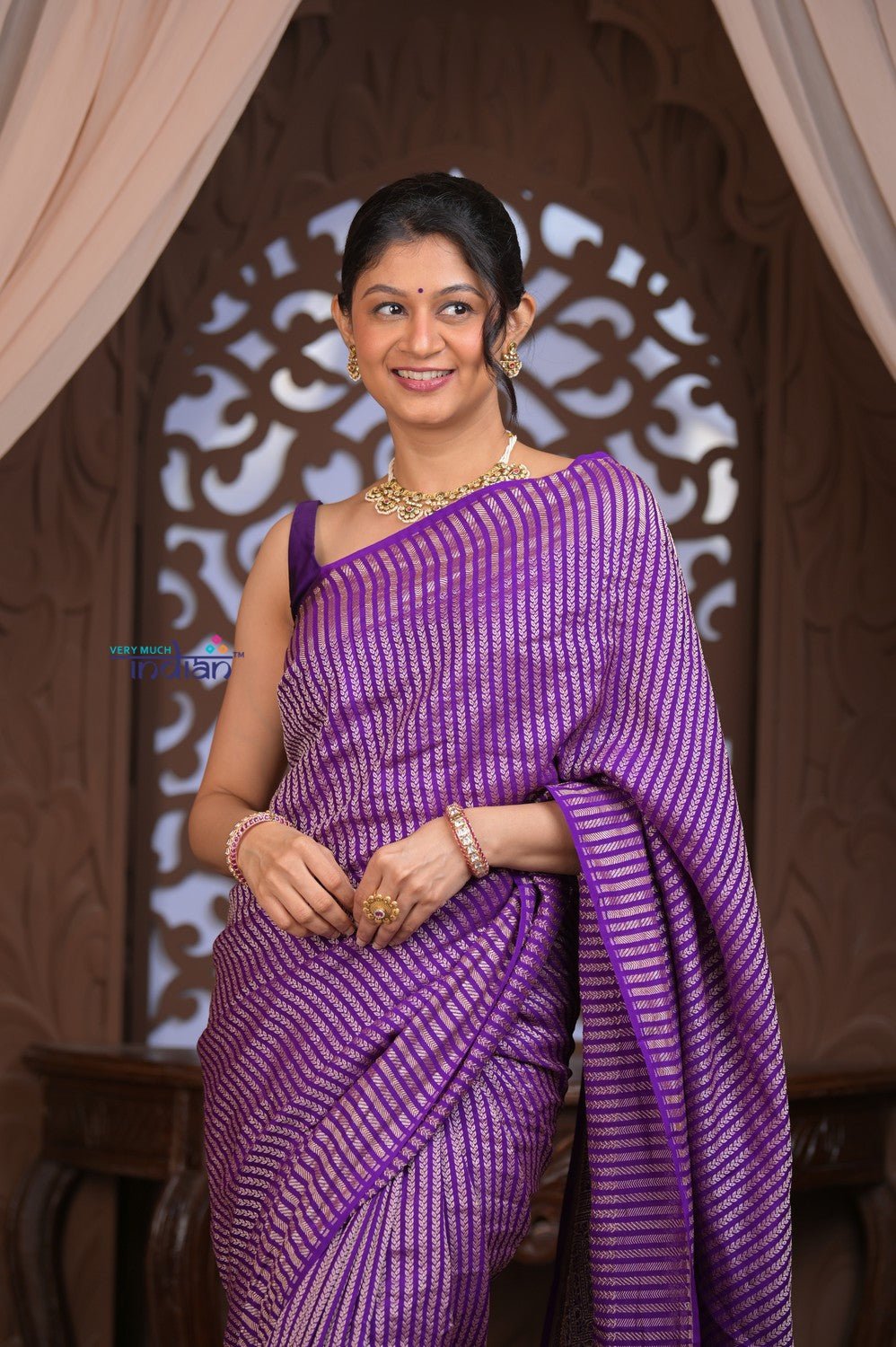 Kashi ~ Handloom Banarasi Khaddi Georgette Silk Saree in Purple (Silk Mark Certified) - verymuchindian.com