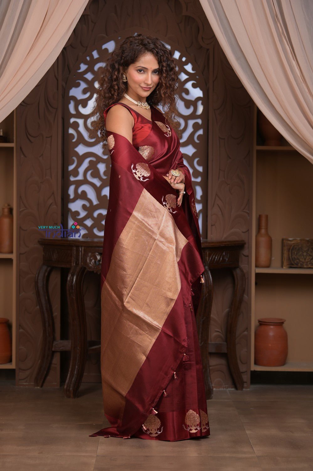 Kashi ~ Handloom Banarasi Pure Katan Silk Saree in Maroon (Silk Mark Certified) - verymuchindian.com