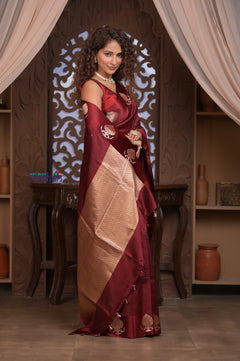 Kashi ~ Handloom Banarasi Pure Katan Silk Saree in Maroon (Silk Mark Certified) - verymuchindian.com