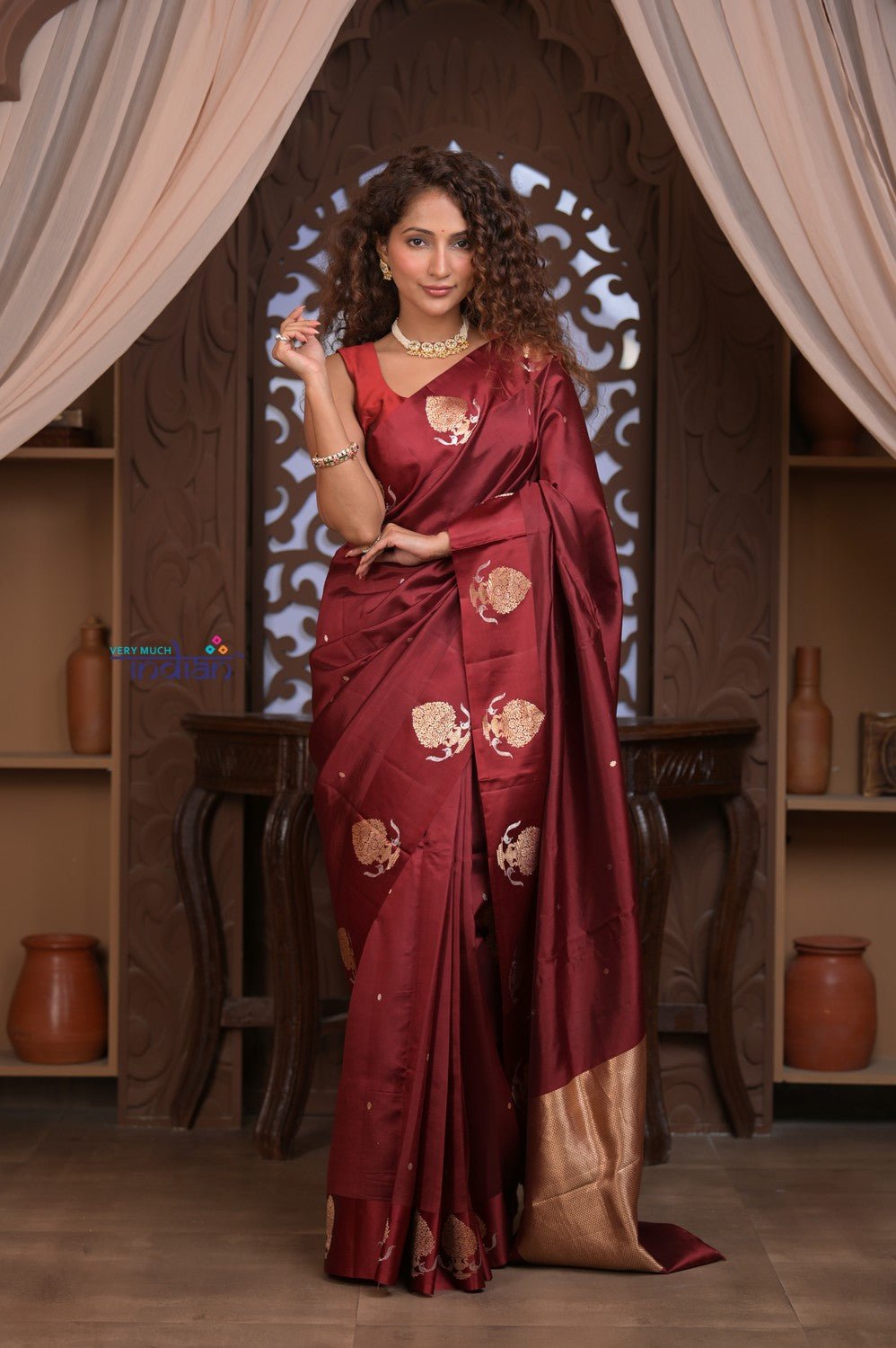 Kashi ~ Handloom Banarasi Pure Katan Silk Saree in Maroon (Silk Mark Certified) - verymuchindian.com