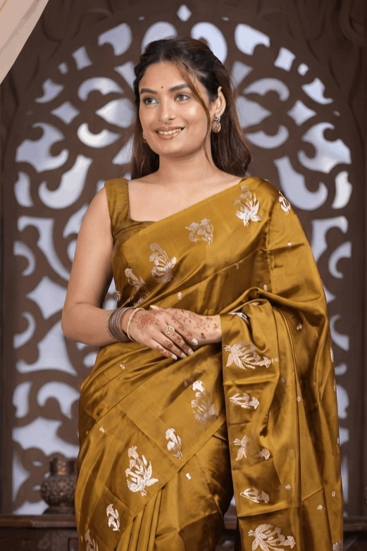 Kashi ~ Handloom Banarasi Pure Katan Silk Saree in Mustard Gold (Silk Mark Certified) - verymuchindian.com