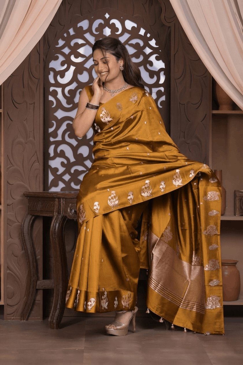 Kashi ~ Handloom Banarasi Pure Katan Silk Saree in Mustard Gold (Silk Mark Certified) - verymuchindian.com