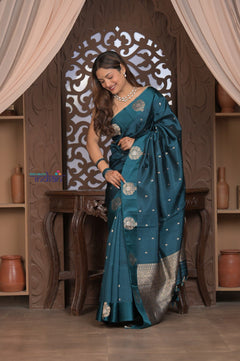 Kashi ~ Handloom Banarasi Pure Silk Saree in Marine Blue (Silk Mark Certified) - verymuchindian.com