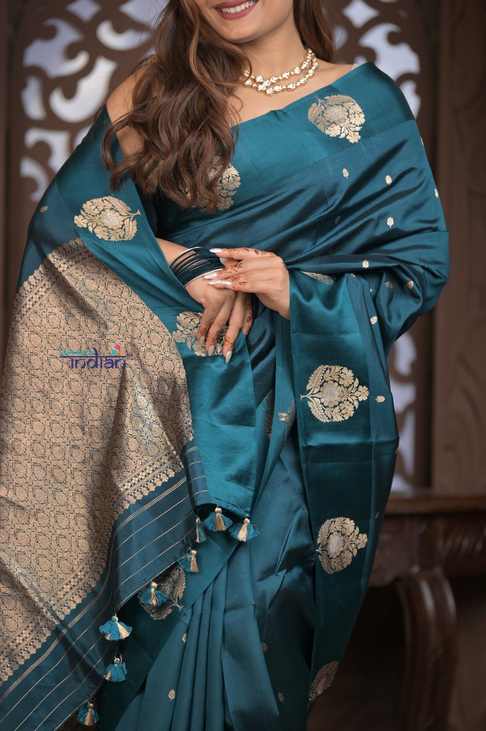 Kashi ~ Handloom Banarasi Pure Silk Saree in Marine Blue (Silk Mark Certified) - verymuchindian.com