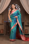 Kashi ~ Handloom Banarasi Pure Silk Saree in Peacock Blue and Red (Silk Mark Certified) - verymuchindian.com