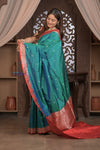 Kashi ~ Handloom Banarasi Pure Silk Saree in Peacock Blue and Red (Silk Mark Certified) - verymuchindian.com