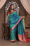 Kashi ~ Handloom Banarasi Pure Silk Saree in Peacock Blue and Red (Silk Mark Certified) - verymuchindian.com