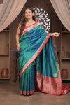 Kashi ~ Handloom Banarasi Pure Silk Saree in Peacock Blue and Red (Silk Mark Certified) - verymuchindian.com