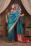 Kashi ~ Handloom Banarasi Pure Silk Saree in Peacock Blue and Red (Silk Mark Certified) - verymuchindian.com