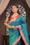 Kashi ~ Handloom Banarasi Pure Silk Saree in Peacock Blue and Red (Silk Mark Certified) - verymuchindian.com