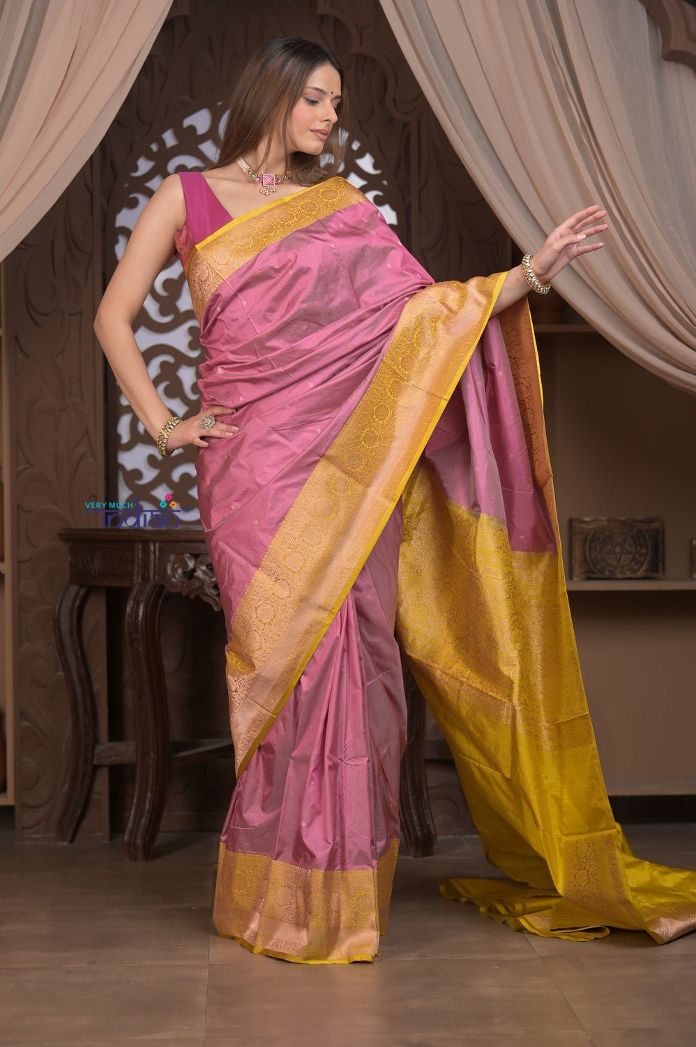 Kashi ~ Handloom Banarasi Pure Silk Saree in Rose Pink and Yellow (Silk Mark Certified) - verymuchindian.com