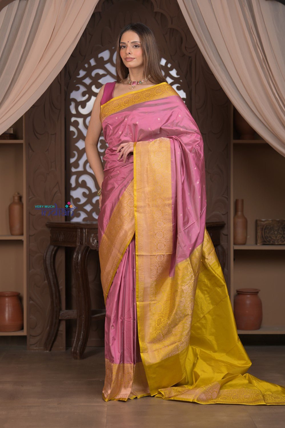 Kashi ~ Handloom Banarasi Pure Silk Saree in Rose Pink and Yellow (Silk Mark Certified) - verymuchindian.com