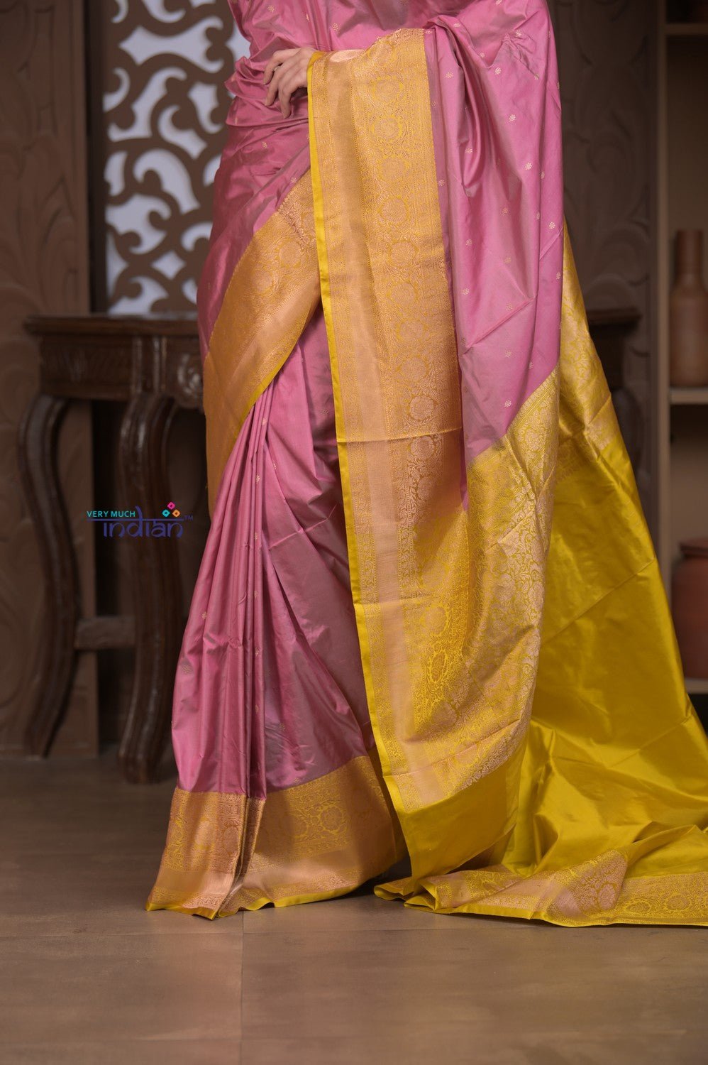 Kashi ~ Handloom Banarasi Pure Silk Saree in Rose Pink and Yellow (Silk Mark Certified) - verymuchindian.com
