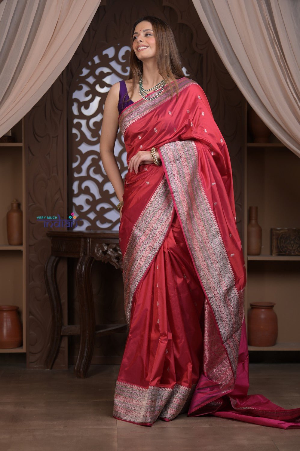 Kashi ~ Handloom Banarasi Pure Silk Saree in Rose Red (Silk Mark Certified) - verymuchindian.com