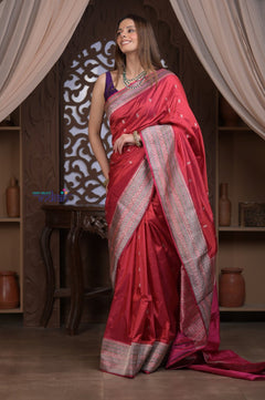 Kashi ~ Handloom Banarasi Pure Silk Saree in Rose Red (Silk Mark Certified) - verymuchindian.com