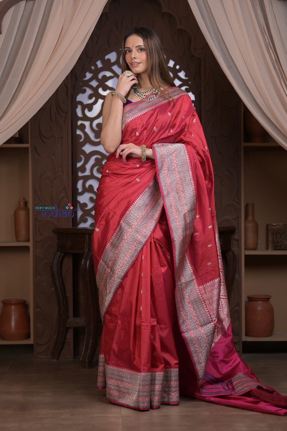 Kashi ~ Handloom Banarasi Pure Silk Saree in Rose Red (Silk Mark Certified) - verymuchindian.com