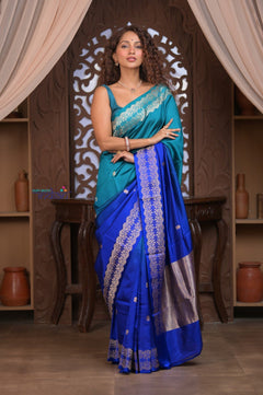 Kashi ~ Handloom Banarasi Pure Silk Saree in Shades of Blue (Silk Mark Certified) - verymuchindian.com