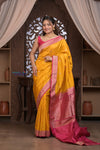Kashi ~ Handloom Banarasi Pure Silk Saree in Turmeric Yellow and Pink (Silk Mark Certified) - verymuchindian.com