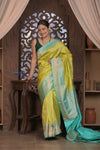 Kashi ~ Handloom Banarasi Pure Silk Saree in Yellow and Sea Blue (Silk Mark Certified) - verymuchindian.com
