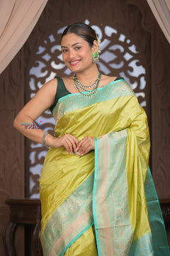 Kashi ~ Handloom Banarasi Pure Silk Saree in Yellow and Sea Blue (Silk Mark Certified) - verymuchindian.com