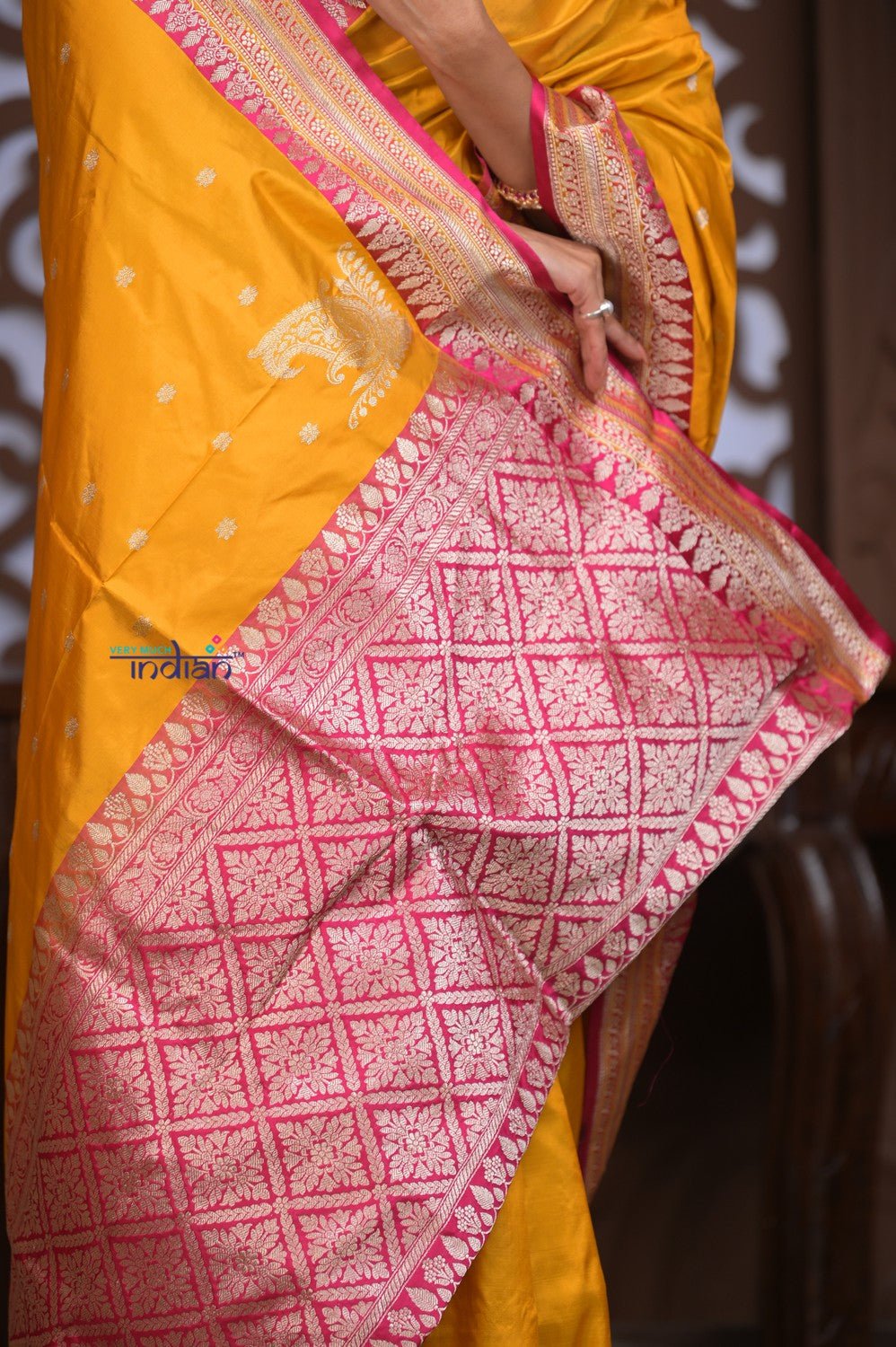 Kashi ~ Handloom Banarasi Pure Silk Saree in Yellow with Pink (Silk Mark Certified) - verymuchindian.com