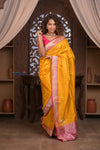 Kashi ~ Handloom Banarasi Pure Silk Saree in Yellow with Pink (Silk Mark Certified) - verymuchindian.com