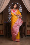 Kashi ~ Handloom Banarasi Pure Silk Saree in Yellow with Pink (Silk Mark Certified) - verymuchindian.com