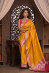 Kashi ~ Handloom Banarasi Pure Silk Saree in Yellow with Pink (Silk Mark Certified) - verymuchindian.com