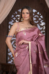 Kashi ~ Handloom Banarasi Pure Silk Saree With Sparrow Butti in Mauve (Silk Mark Certified) - verymuchindian.com