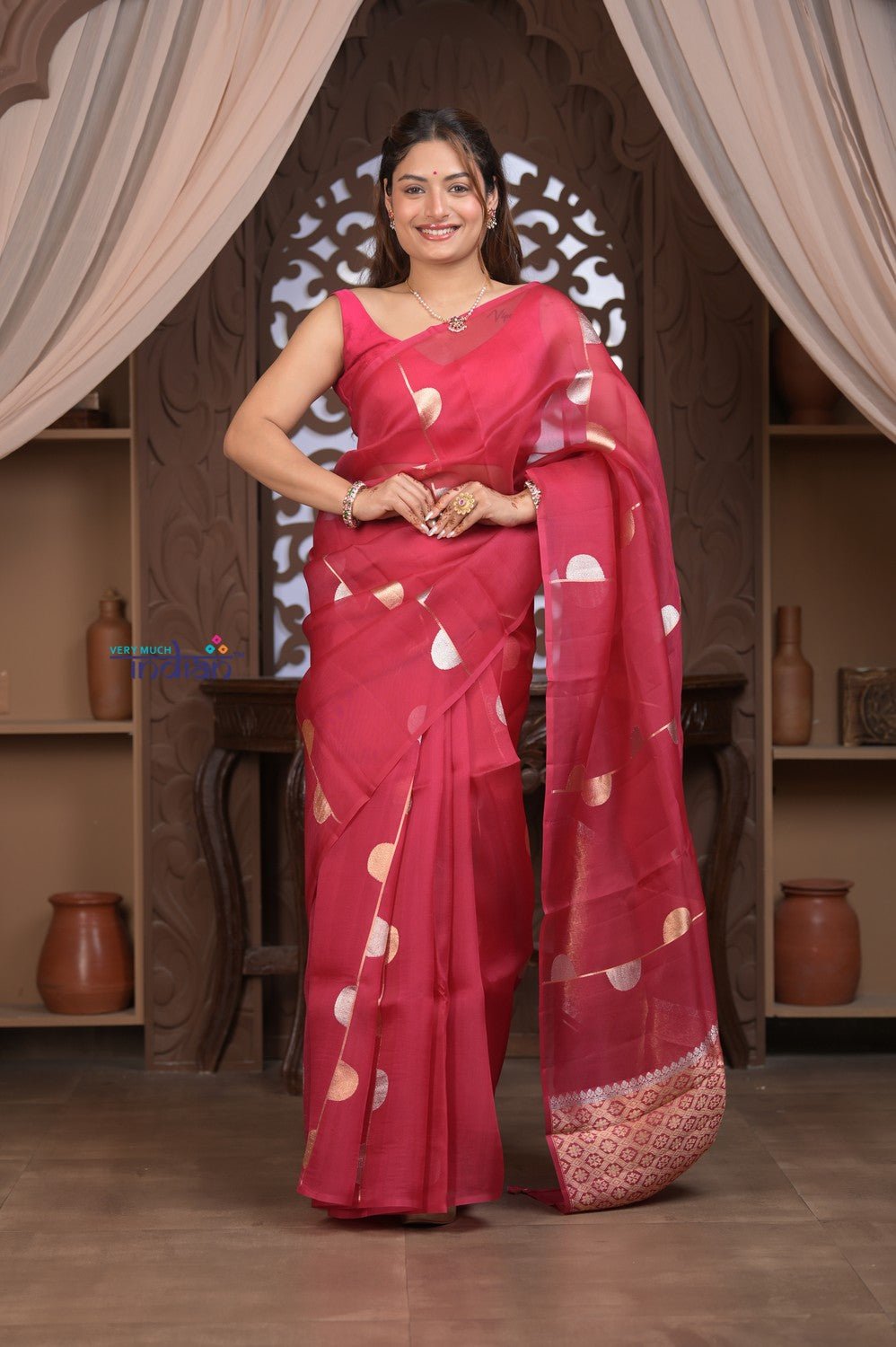 Kashi ~ Handloom Pure Silk High Quality Kora Saree in Blush Red with Buttis (Silk Mark Certified) - verymuchindian.com