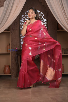 Kashi ~ Handloom Pure Silk High Quality Kora Saree in Blush Red with Buttis (Silk Mark Certified) - verymuchindian.com