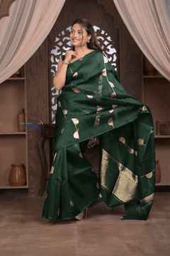 Kashi ~ Handloom Pure Silk High Quality Kora Saree in Bottle Green with Buttis (Silk Mark Certified) - verymuchindian.com