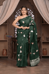 Kashi ~ Handloom Pure Silk High Quality Kora Saree in Bottle Green with Buttis (Silk Mark Certified) - verymuchindian.com